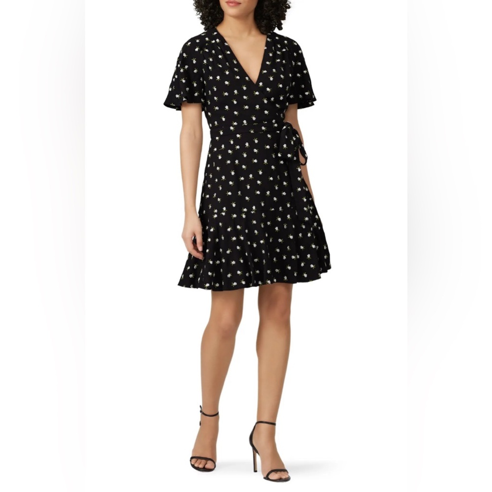 JILL STUART Black Floral V-Neck Mini Dress Size 2 Ruffled Sheath $318 Designer - Picture 4 of 9